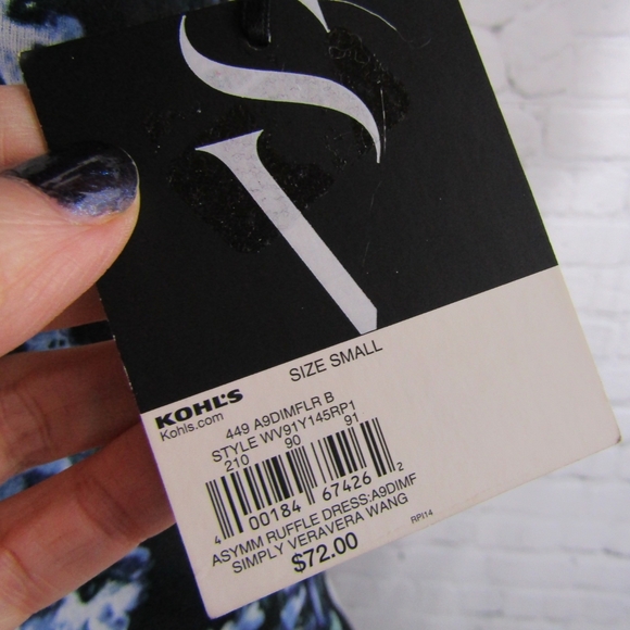 Simply Vera Wang Assymetrical Ruffle Black Blue Print Spring Dress Lined Small - Picture 5 of 5